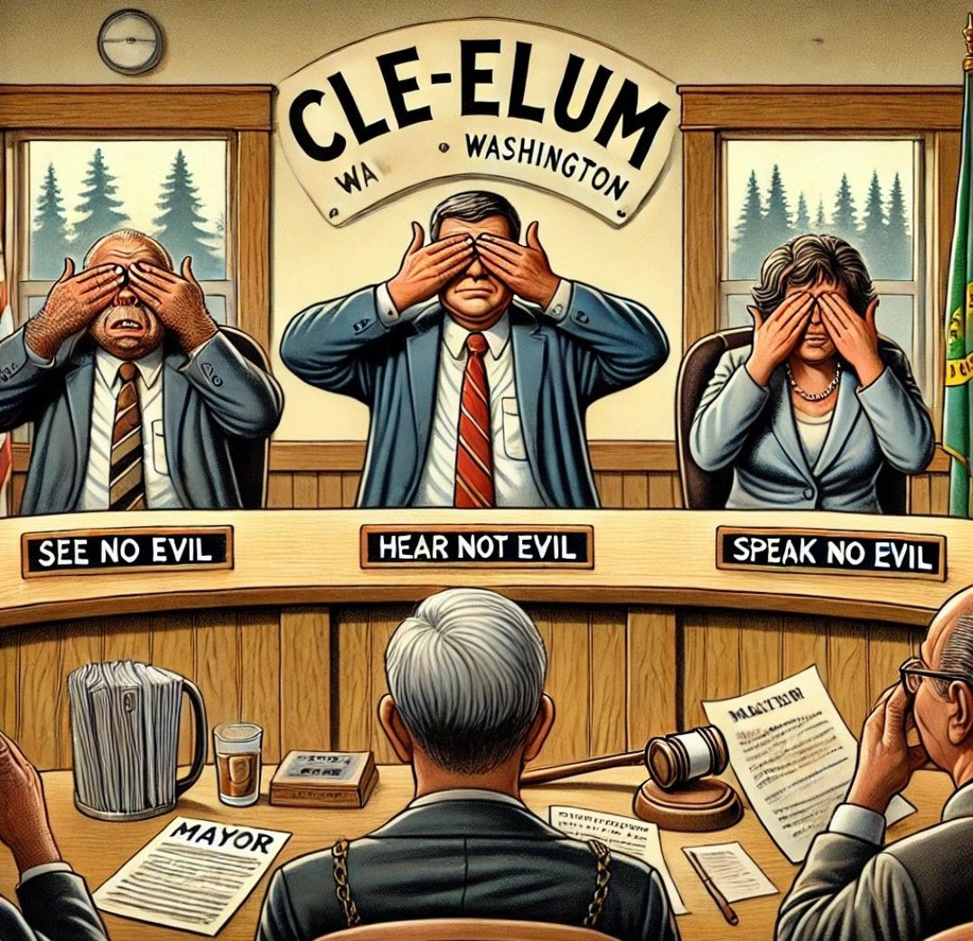 Illustration of three Cle Elum officials at a public meeting