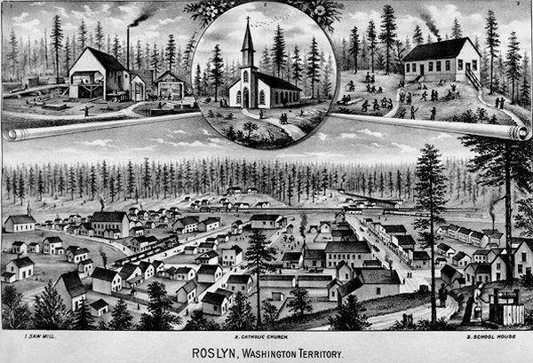Historic illustration of Roslyn, Washington Territory, showing a saw mill, church, and school house